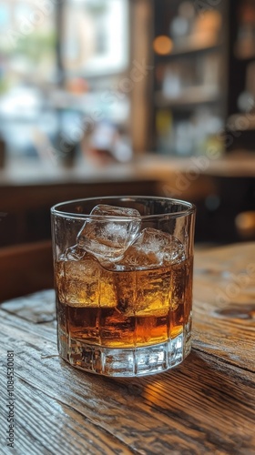 A refreshing glass of whiskey with ice cubes on a rustic wooden table in a co...