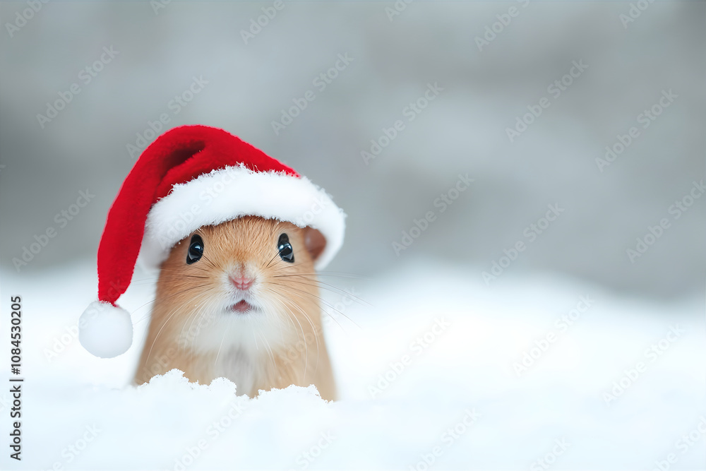 Small squirrel on a winter background wearing a Santa hat peeks out from behind a snowdrift. New Year and Christmas card with copy space. Festive New Year and Merry Christmas greeting Card. Small squirrel on a winter background wearing a Santa hat peeks out from behind a snowdrift. New Year and Christmas card with copy space. Festive New Year and Merry Christmas greeting Card.