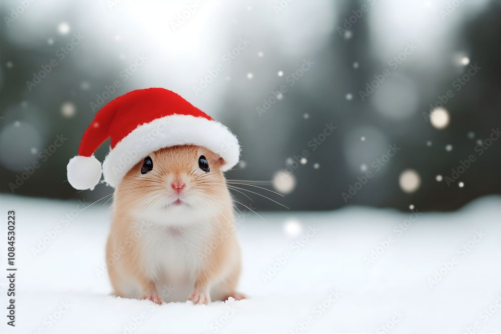 Small hamster on a winter background wearing a Santa hat. New Year and Christmas card with copy space. Festive New Year and Merry Christmas greeting Card. New Year Animal Illustration for design Small hamster on a winter background wearing a Santa hat. New Year and Christmas card with copy space. Festive New Year and Merry Christmas greeting Card. New Year Animal Illustration for design