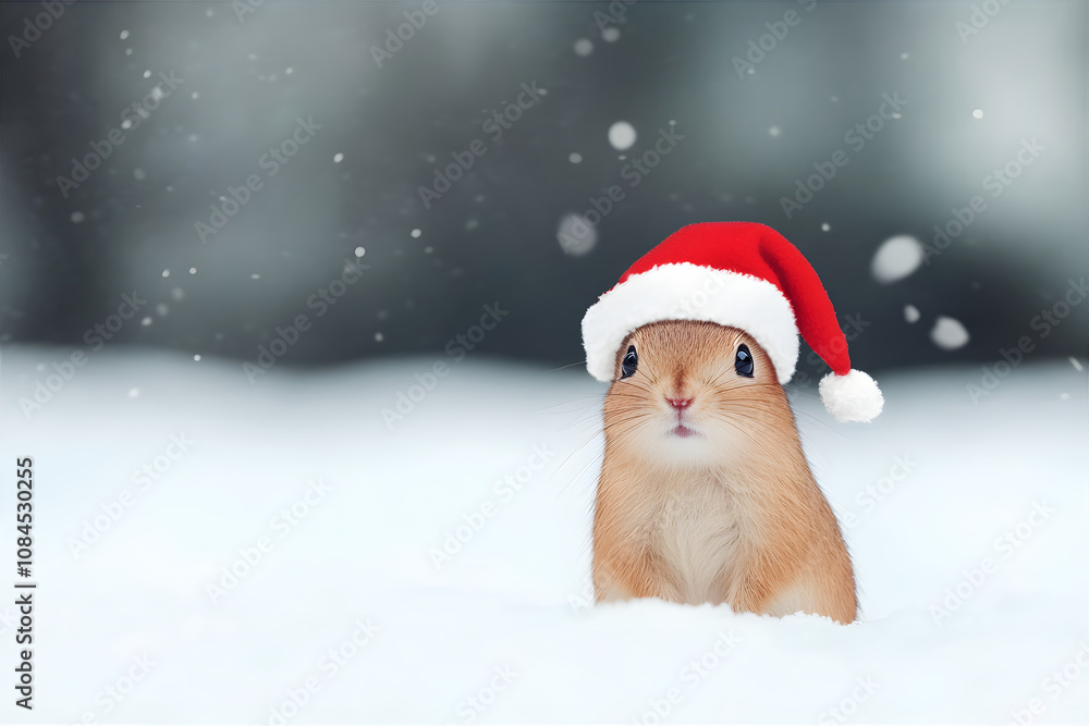 Small squirrel on a winter background wearing a Santa hat. New Year and Christmas card with copy space. Festive New Year and Merry Christmas greeting Card. New Year Animal Illustration for design Small squirrel on a winter background wearing a Santa hat. New Year and Christmas card with copy space. Festive New Year and Merry Christmas greeting Card. New Year Animal Illustration for design