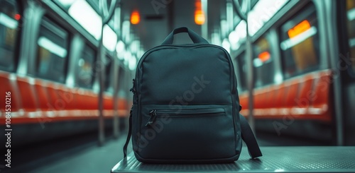 A lonely backpack rests on a subway seat in an empty train during the early m...
