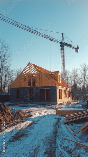 Construction of a modern house with crane at work during late afternoon in a ...
