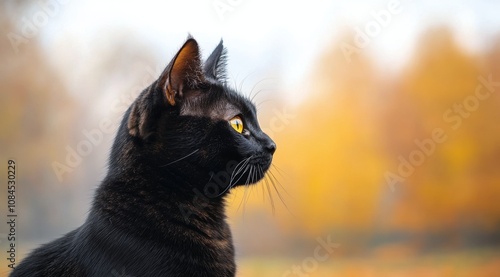A gray tabby cat observing its surroundings in a foggy meadow at dusk