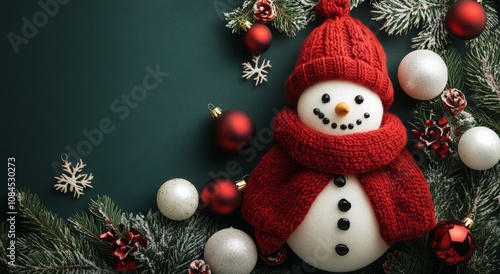 Cheerful snowman with festive decorations on a dark surface during the winter...