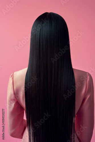 Smooth and glossy hair against a plain pink background highlighting a beautif...