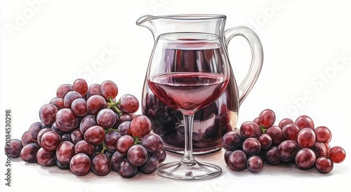 A pitcher and a glass of red wine surrounded by fresh grapes on a textured su...