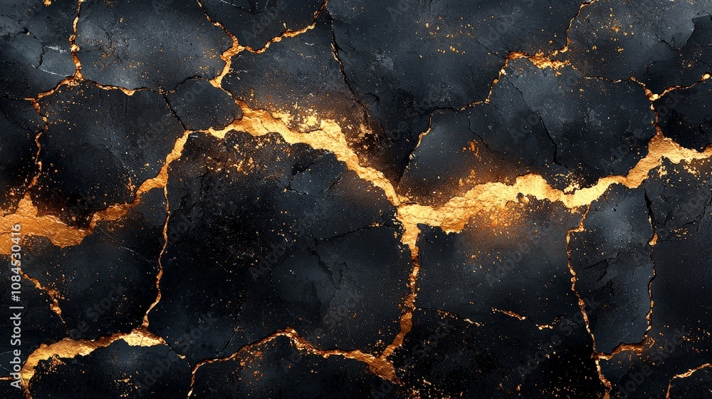 A textured surface featuring black cracks illuminated by golden highlights. A textured surface featuring black cracks illuminated by golden highlights.