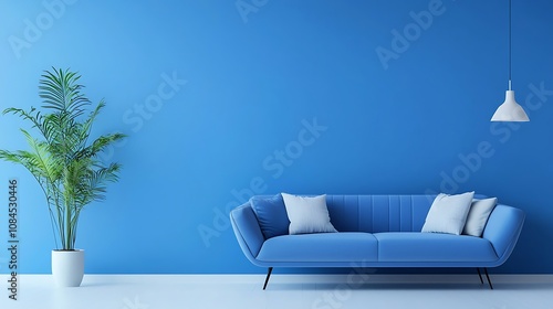 Bright blue living room interior showcasing modern decor elements.