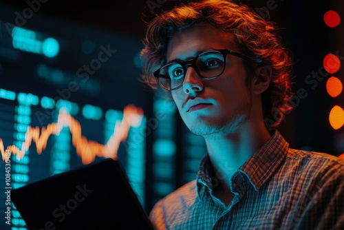 Young man analyzing market trends on tablet during night in a city with brigh...