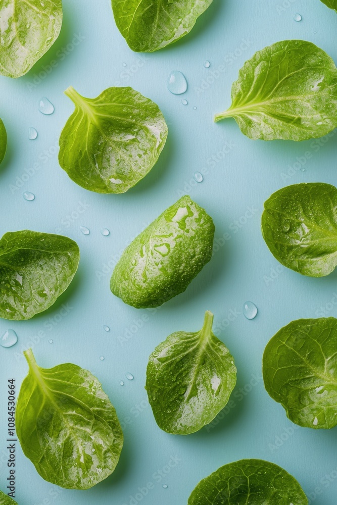 Obraz premium Fresh green leaves arranged on a vibrant blue background showcasing natural beauty and texture