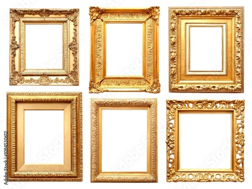 Vintage Style Photography of Eight Ornate Golden Picture Frames with Intricate Details Isolated on a White Background for Elegant Home Decor and Art Display