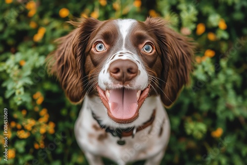 Happy dog with a playful expression enjoying a sunny day outdoors in a garden...