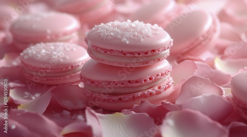 Delicate pink macarons among rose petals in a soft, elegant setting