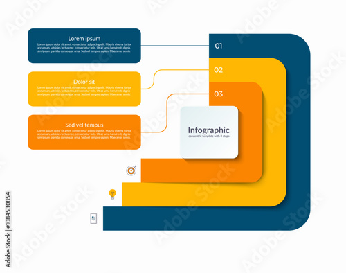 Infographic layered concentric template with 3 steps. Process chart, cycle diagram, vector banner for presentation, report, brochure, web, data visualization.