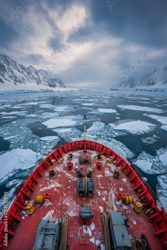 Red research vessel navigating icy waters in Antarctica under a cloudy sky