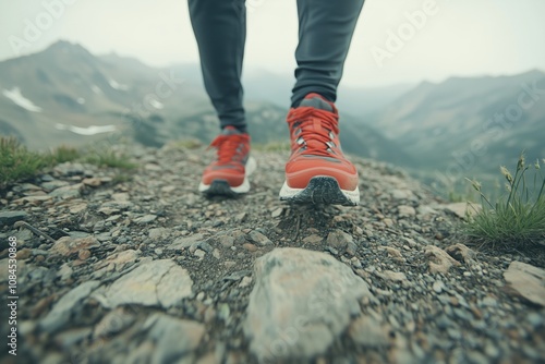 Hiker exploring rocky trails in red shoes in mountainous terrain on a cloudy day