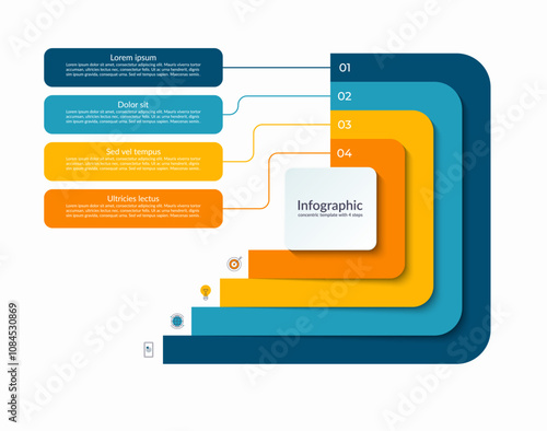 Infographic layered concentric template with 4 steps. Process chart, cycle diagram, vector banner for presentation, report, brochure, web, data visualization.