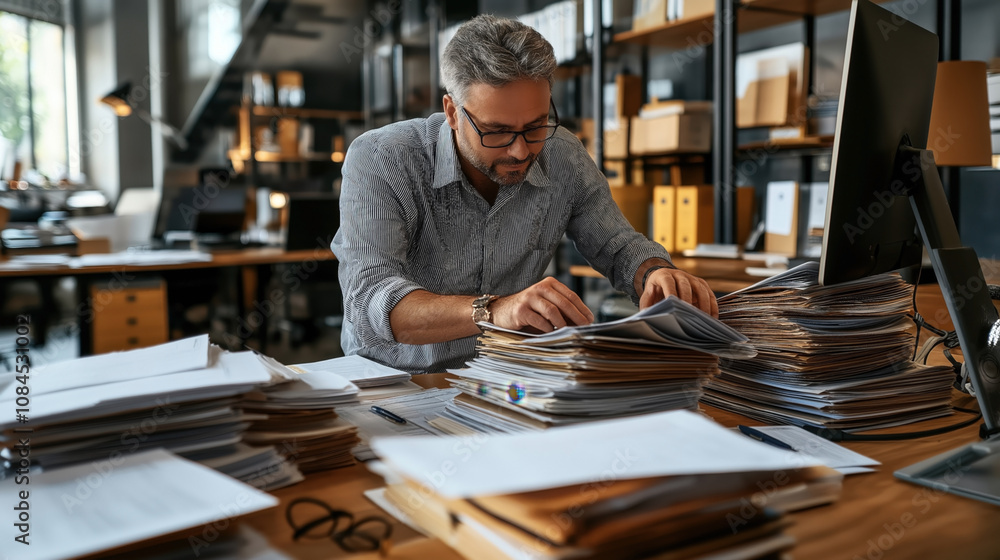 Middle-aged man organizing paperwork in a modern office setting with shelves and computer Middle-aged man organizing paperwork in a modern office setting with shelves and computer