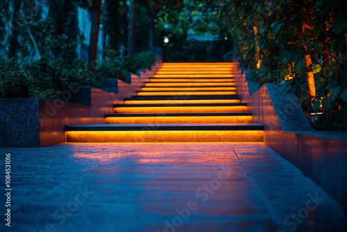 Illuminated staircase with autumn leaves during evening at a city location