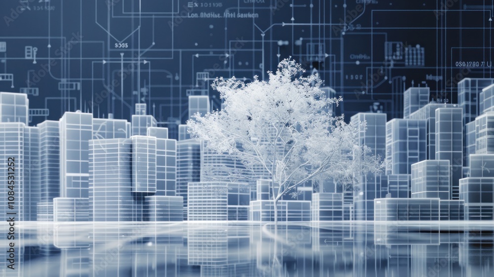 Futuristic cityscape with a tree, blending nature and technology. Futuristic cityscape with a tree, blending nature and technology.
