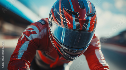 Close-up of a person wearing a red and black racing helmet and suit, focused on the face and upper body photo