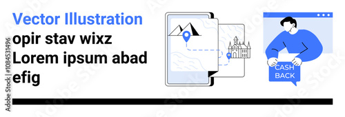 Map view on tablet with navigation pin and landmarks, person holding cashback sign. Ideal for travel, tourism, user interface, navigation, landmarks, finance, and online transactions. Landing page