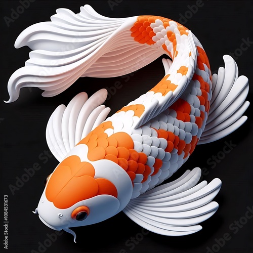 3D Render Koi Fish with White and Orange Pattern, Smooth Textures on Black Background  photo