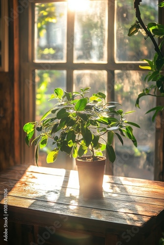 A pothos plant thrives in warm sunlight on a wooden table against a textured ...