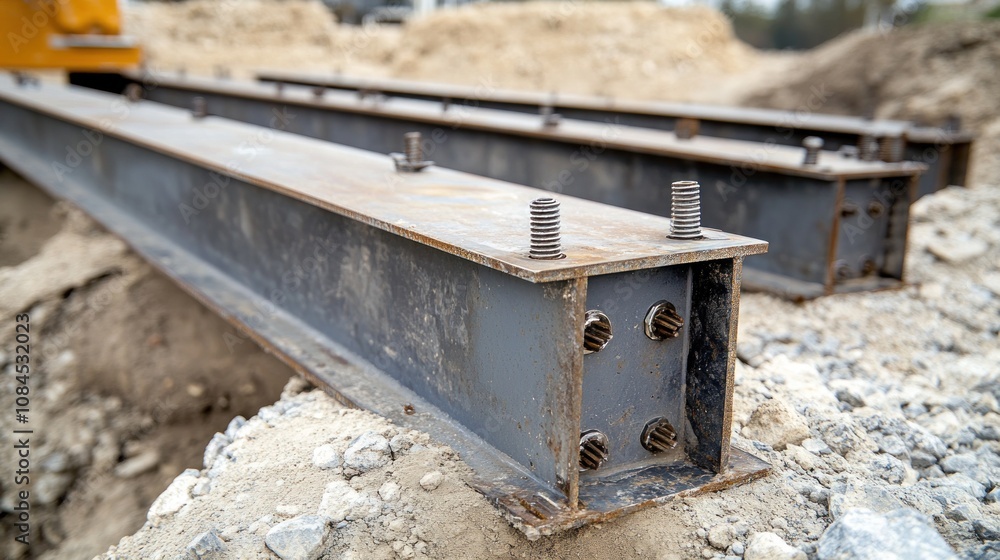 Steel beams positioned on a construction site, ready for structural support. Steel beams positioned on a construction site, ready for structural support.