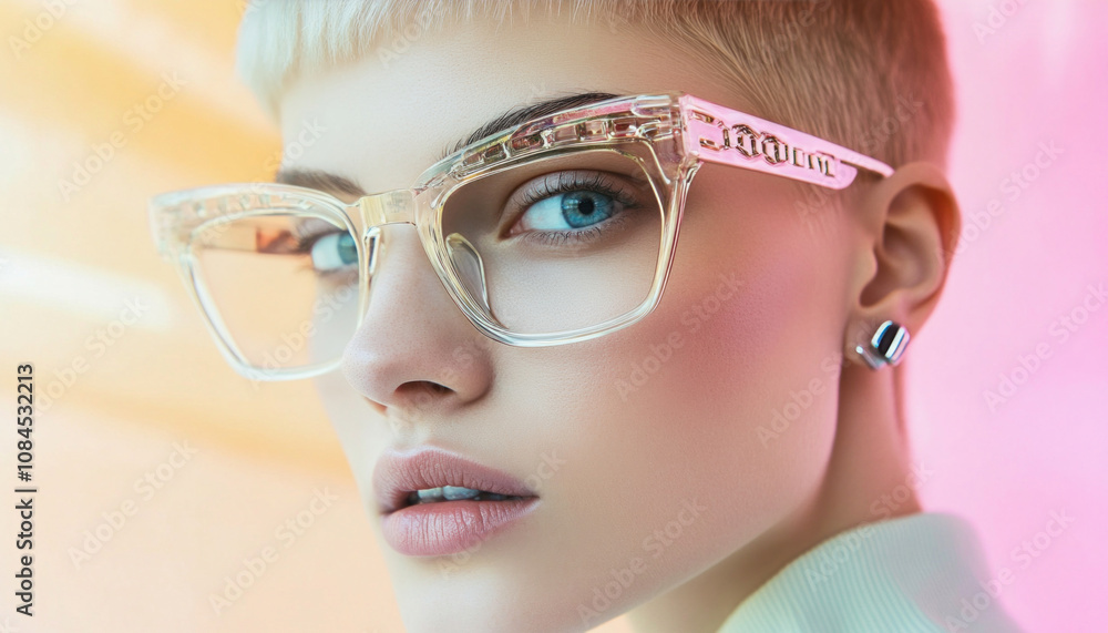 Fashion model wearing stylish eyeglasses posing in studio with colorful background Fashion model wearing stylish eyeglasses posing in studio with colorful background