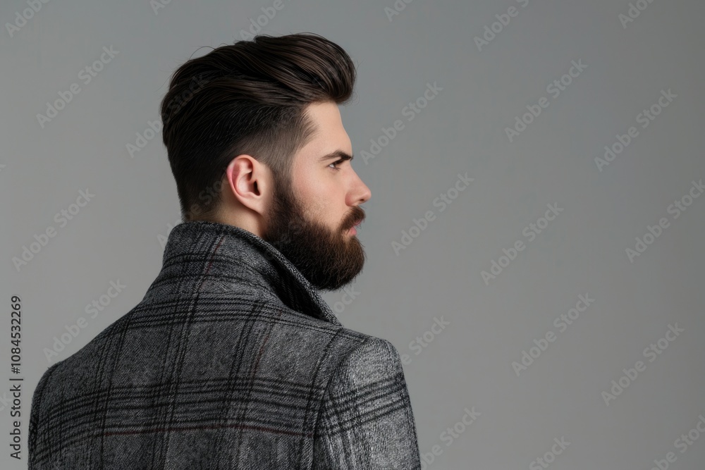 Fototapeta premium Attractive guy in blazer jacket poses for side photo.
