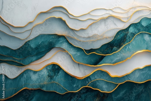 Abstract landscape with flowing waves of dark blue and gold highlights in a s...