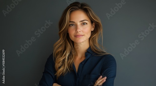 Young woman with long hair smiling confidently in a studio setting during day...