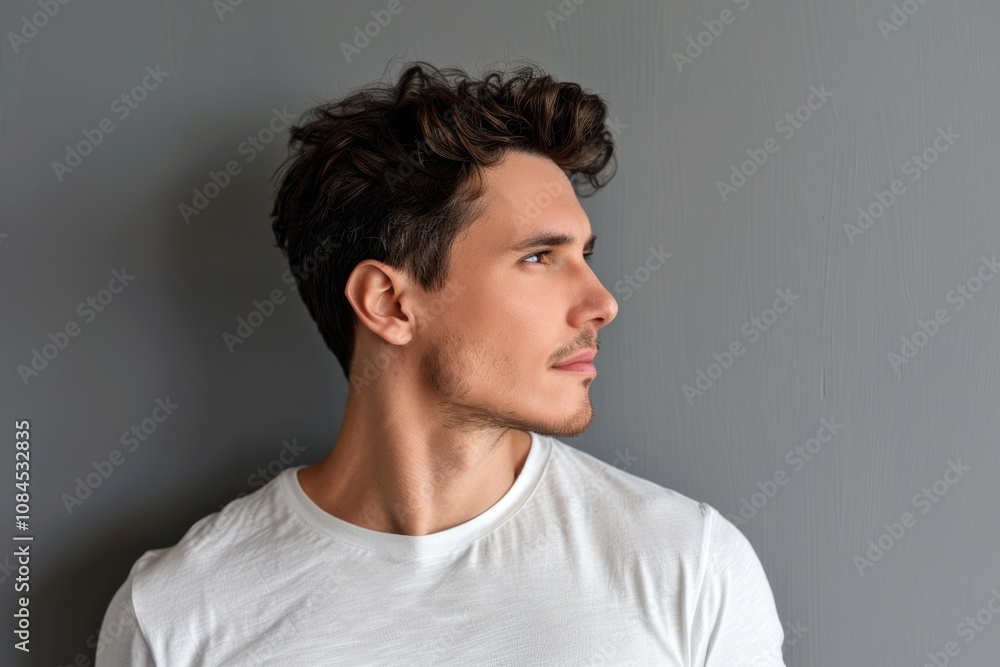 Close up profile photo of ideal and reliable man in casual attire. Close up profile photo of ideal and reliable man in casual attire.