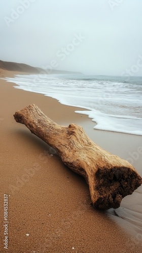 Wooden log resting on the tranquil sandy beach with gentle waves lapping at i...
