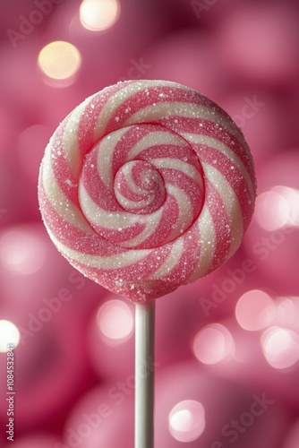 A close up of a pink and white spiral lollipop with a soft pink background du...