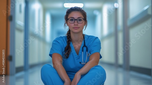 A healthcare professional resting on the floor of a hospital corridor in the ...