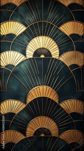 Art Deco pattern featuring intricate gold and black design elements in a styl...