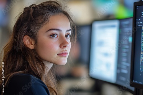Young woman focused on coding at a computer in a vibrant city at night