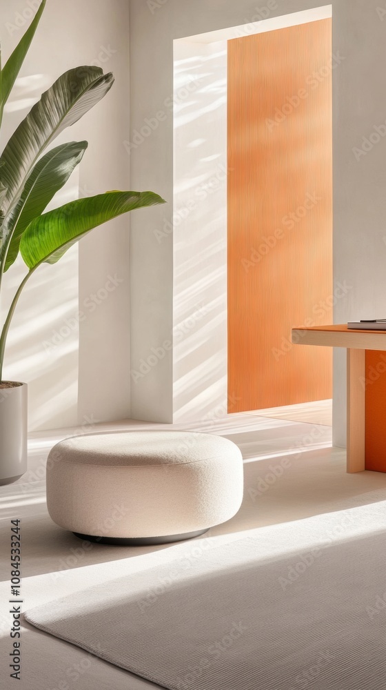 Fototapeta premium Minimalist room with soft lighting and modern decor, featuring a round ottoman, AI