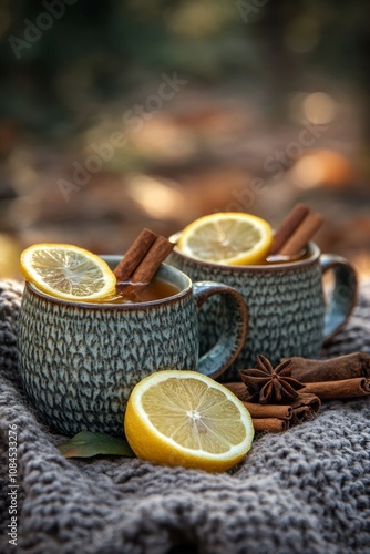 Warm spiced beverages with lemon slices and cinnamon sticks displayed on a te...