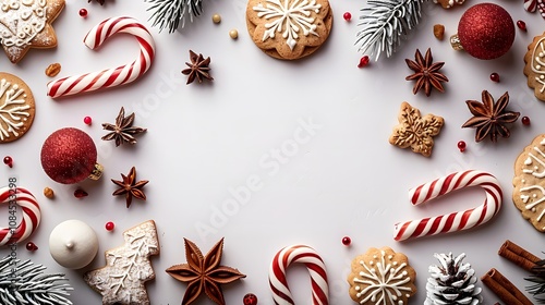 Flat lay of Christmas cookies, candy canes, and festive decorations creating a frame on a white background, perfect for holiday designs or seasonal greetings.