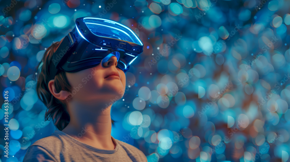 Happy kid using a VR headset, exploring virtual worlds, ideal for promoting educational apps, games, or immersive technology. Happy kid using a VR headset, exploring virtual worlds, ideal for promoting educational apps, games, or immersive technology.