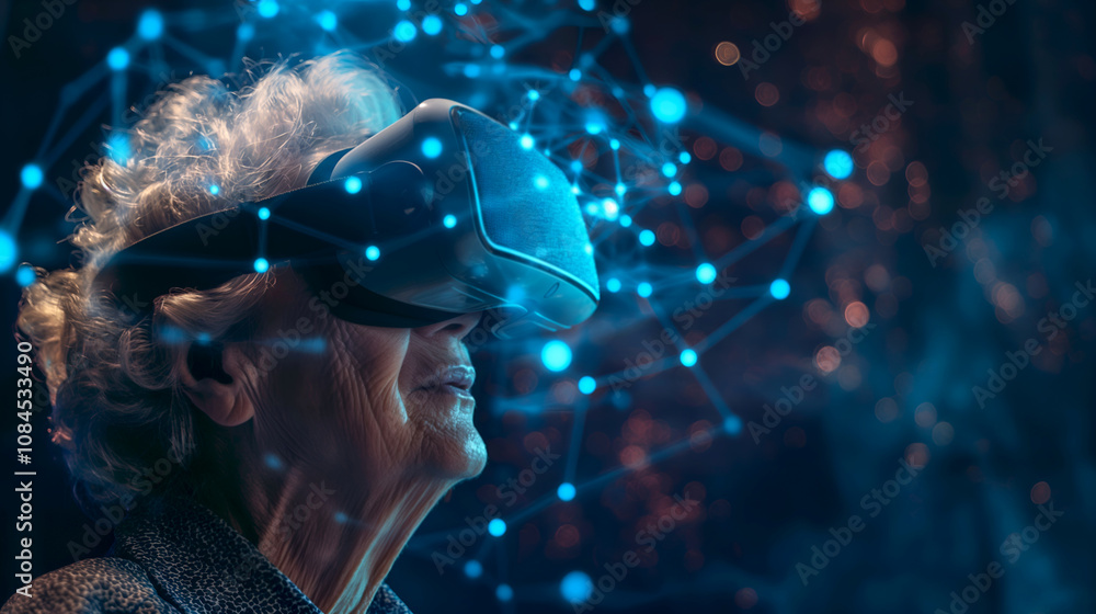 Senior woman using VR glasses, experiencing immersive technology, ideal for promoting accessibility in tech or virtual reality products. Senior woman using VR glasses, experiencing immersive technology, ideal for promoting accessibility in tech or virtual reality products.