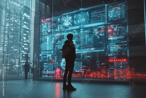A person observes a futuristic digital display in a modern city during the ev...