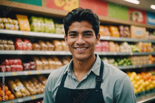 Close portrait of a smiling young Peruvian male grocer standing and looking at the camera, Peruvian grocery store blurred background