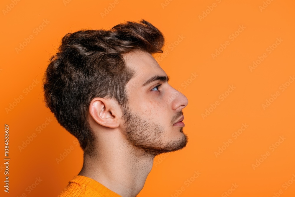 Young handsome man with bristle in profile against orange background. Young handsome man with bristle in profile against orange background.