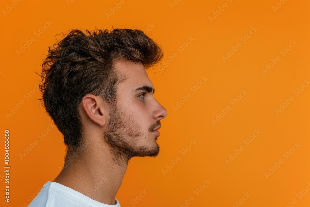 Young handsome man with bristle in profile against orange background. Young handsome man with bristle in profile against orange background.
