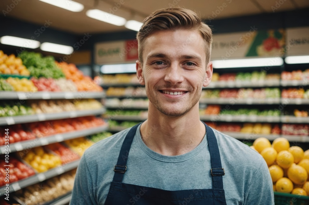 Close portrait of a smiling young Polish male grocer standing and looking at the camera, Polish grocery store blurred background Close portrait of a smiling young Polish male grocer standing and looking at the camera, Polish grocery store blurred background