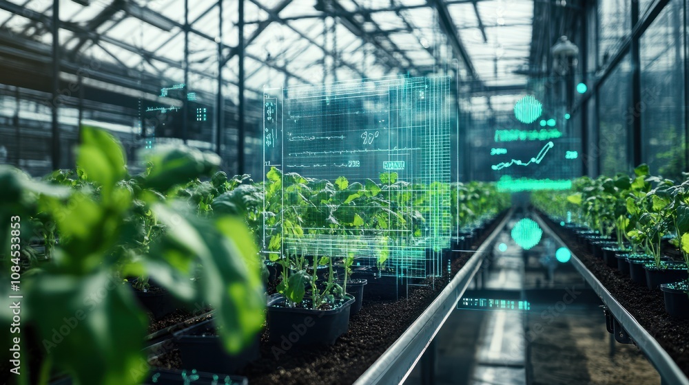 A digital interface showing plant growth data in a greenhouse, representing controlled environment agriculture with precision farming techniques and advanced greenhouse technology A digital interface showing plant growth data in a greenhouse, representing controlled environment agriculture with precision farming techniques and advanced greenhouse technology